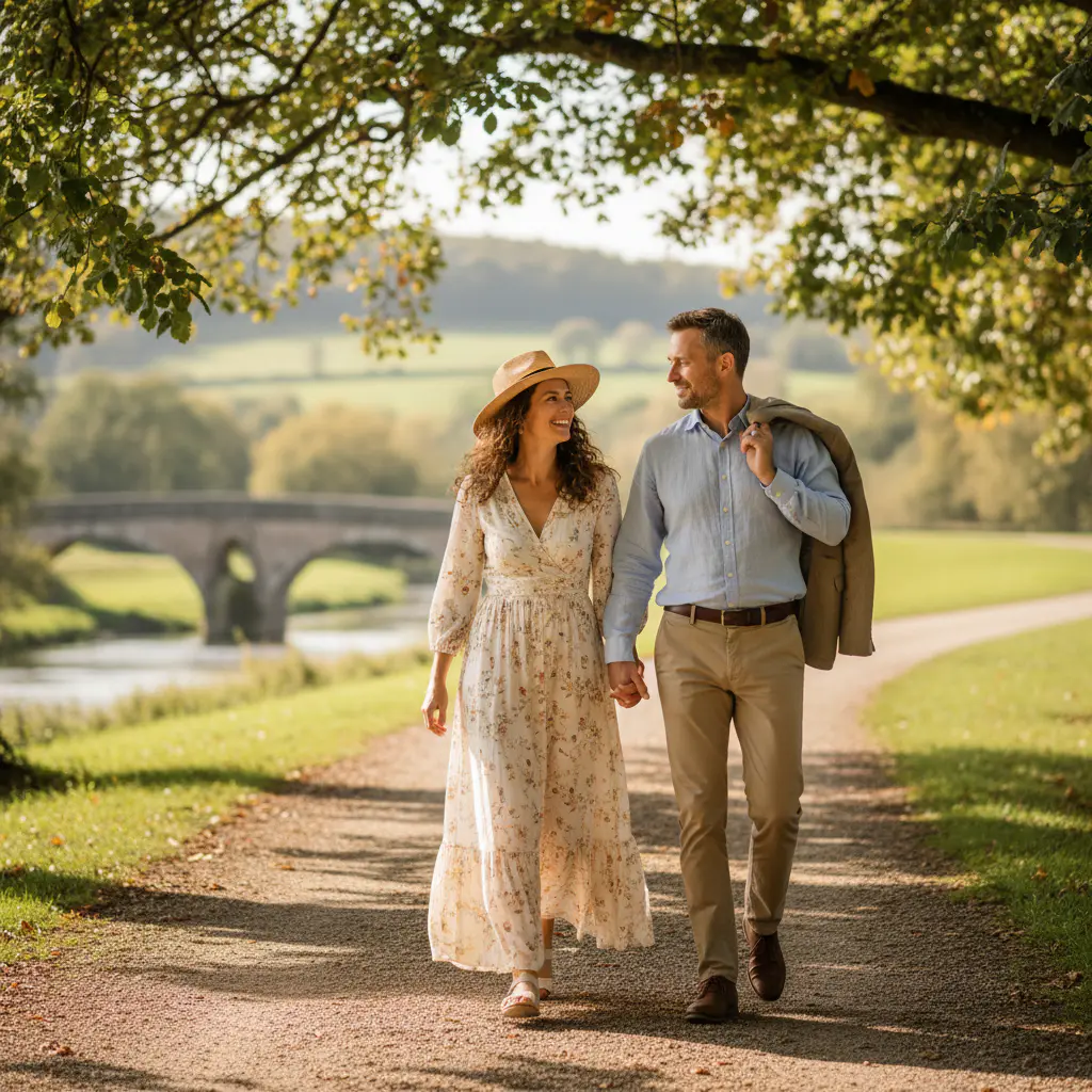 Happy couple enjoying a walk outdoors