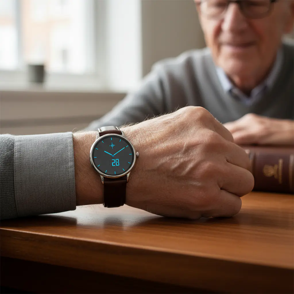 Elderly man wearing a sleek GPS safety watch