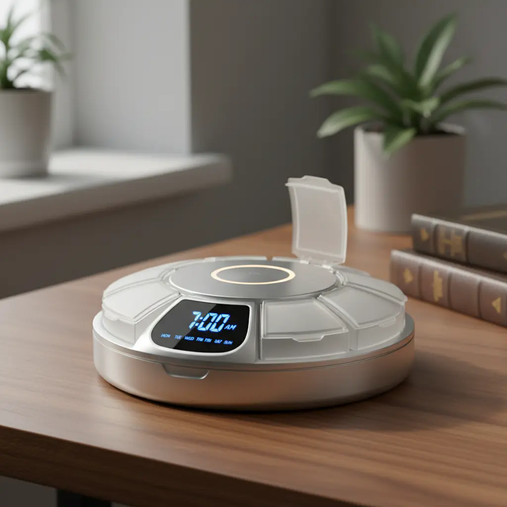Smart pill organizer showing a clear digital display