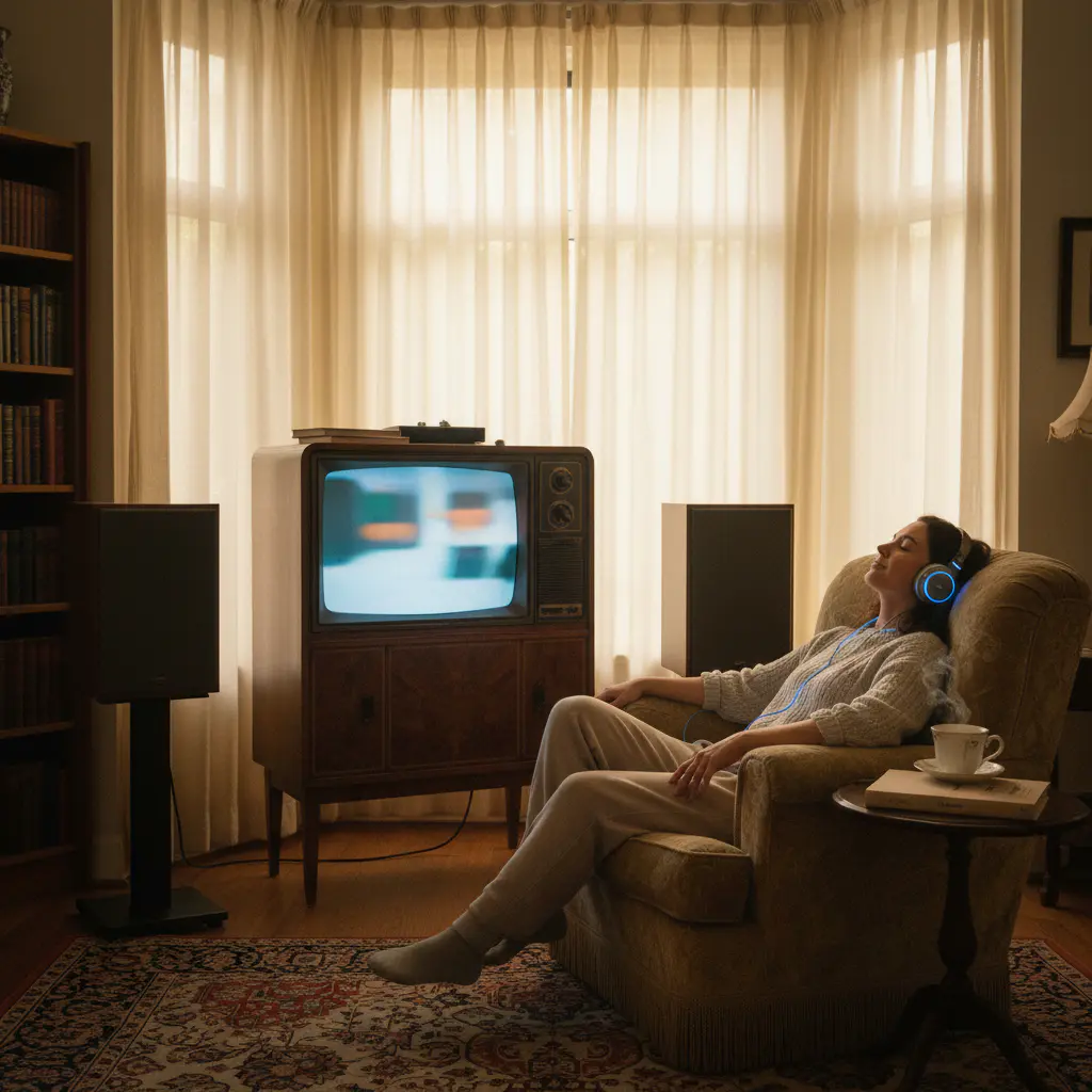 Person relaxing and comfortably listening to television audio